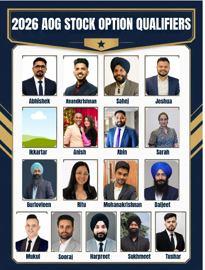 2026 AOG Stock Option Qualifiers recognition graphic featuring Sahej among the top stock holders