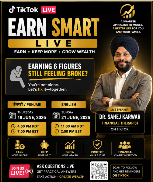 TikTok Live event poster for Earn Smart Live with Dr Sahej Karwar