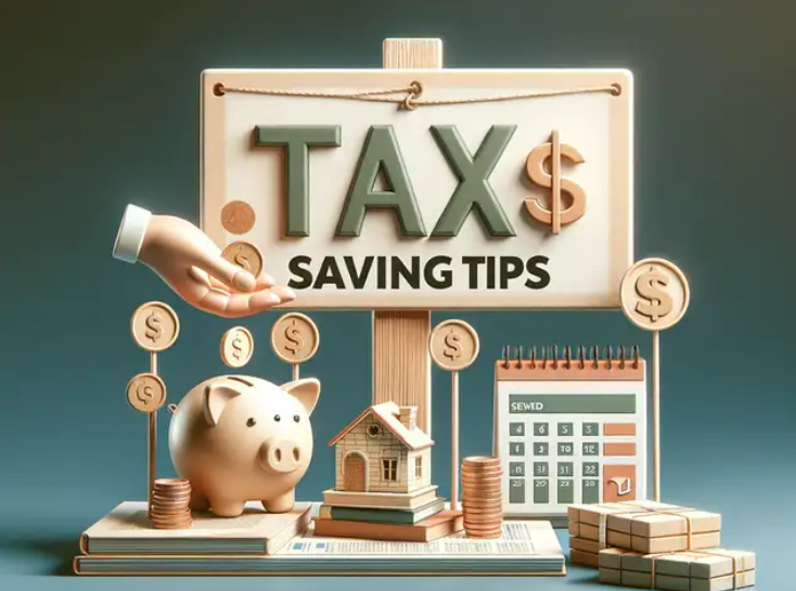 Tax savings tips illustration with a piggy bank, small house, calendar, and coins, symbolizing tax planning for a business estate