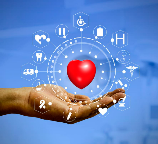 A hand holding a red heart surrounded by icons representing hospital care, mobility, ambulance, and medical support, symbolizing health protection